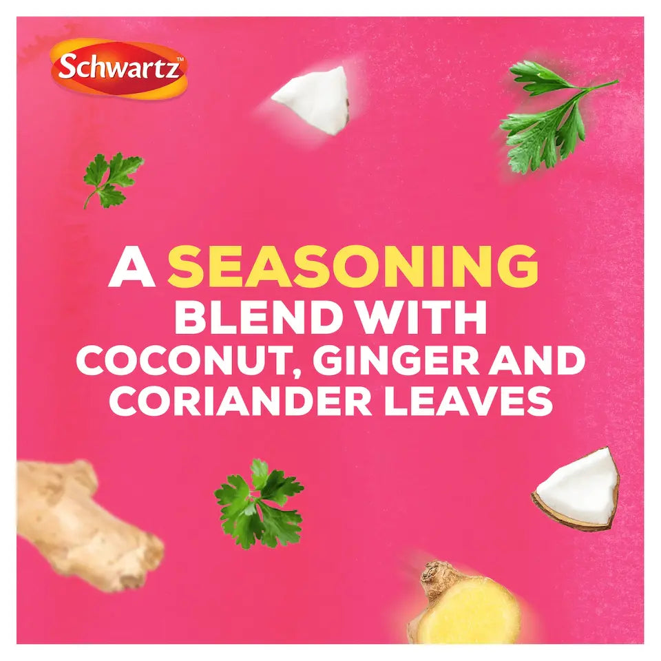 Schwartz seasoning blend packaging with coconut, ginger, and coriander leaves on a pink background