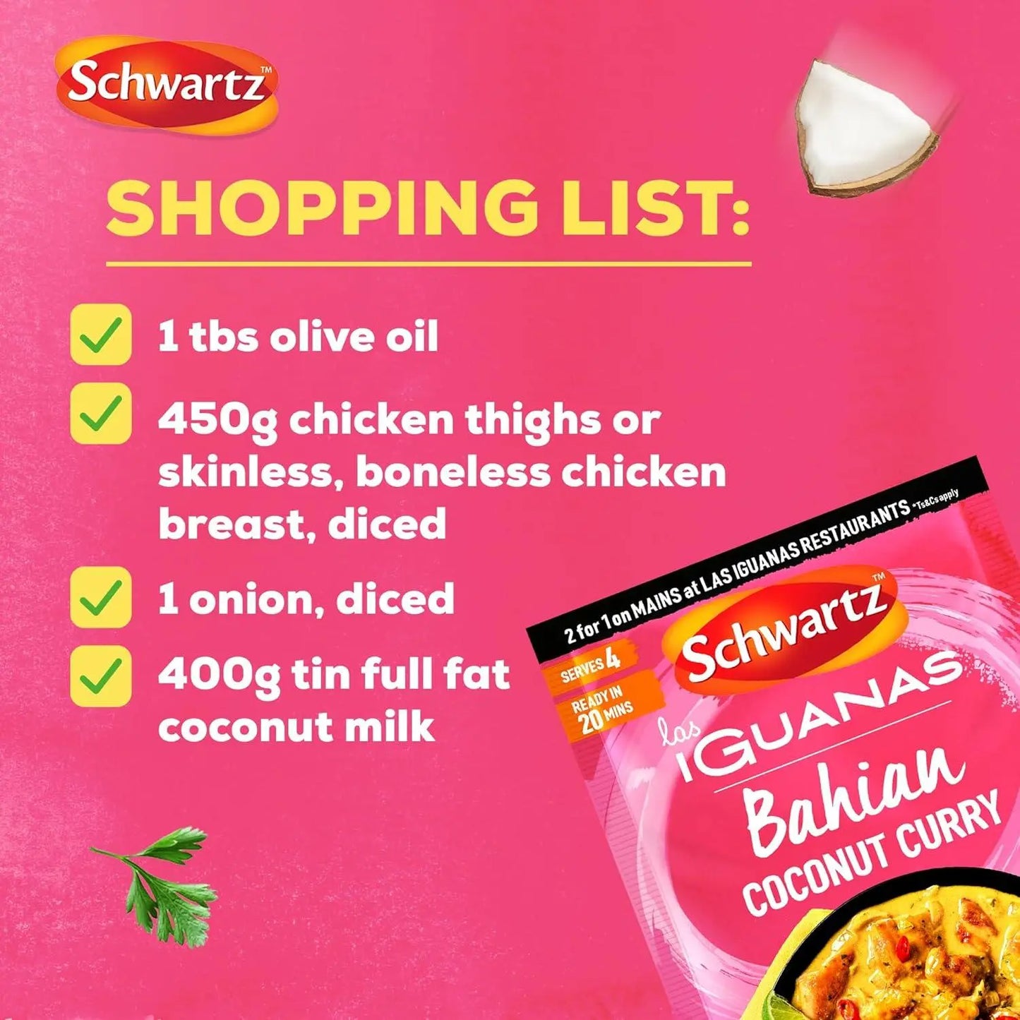 Schwartz shopping list for Bahian Coconut Curry with ingredients and product packaging on a pink background