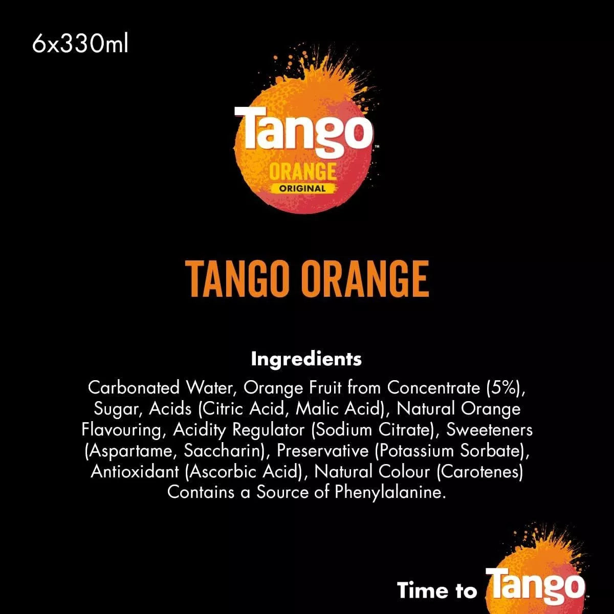 Tango Orange drink label with ingredients list on a black background