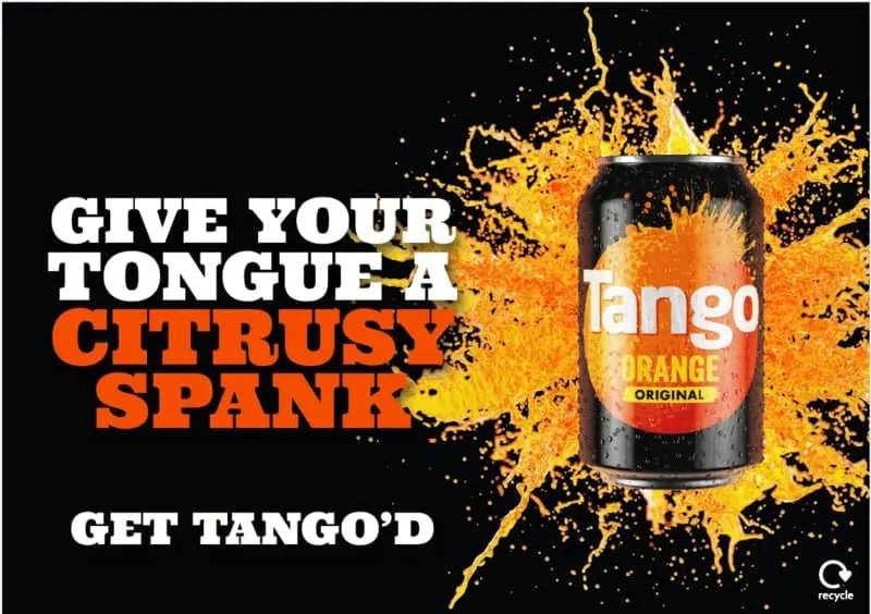 Tango Orange soda can with splashes on a black background and promotional text.