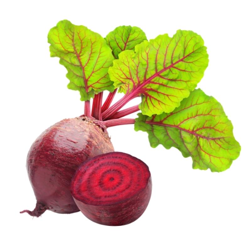 Two beets with green leaves on a white background