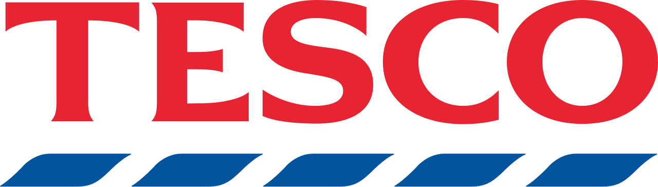 Tesco logo with red text on a green and blue background