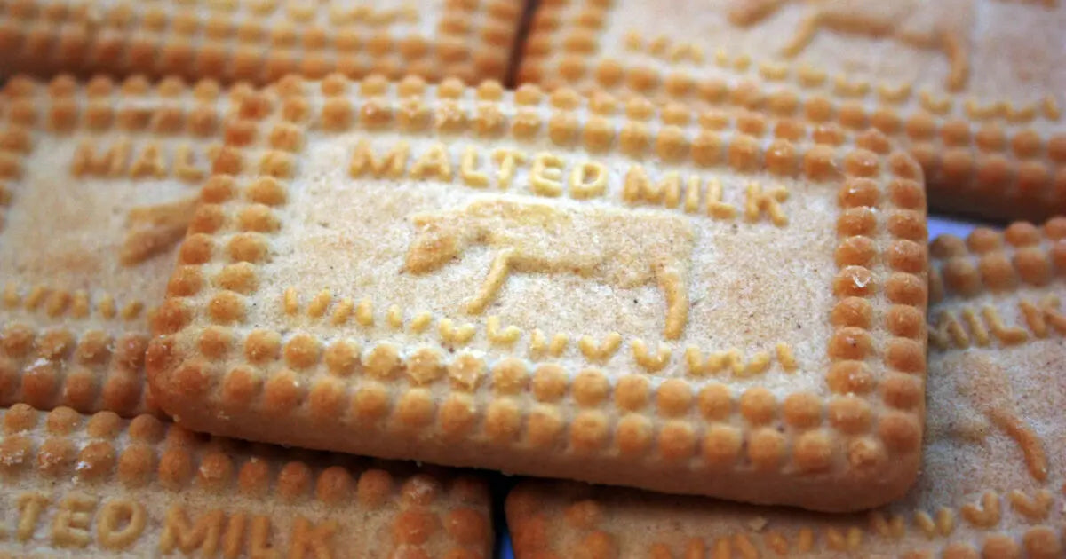 Close-up of malted milk cookies with visible branding