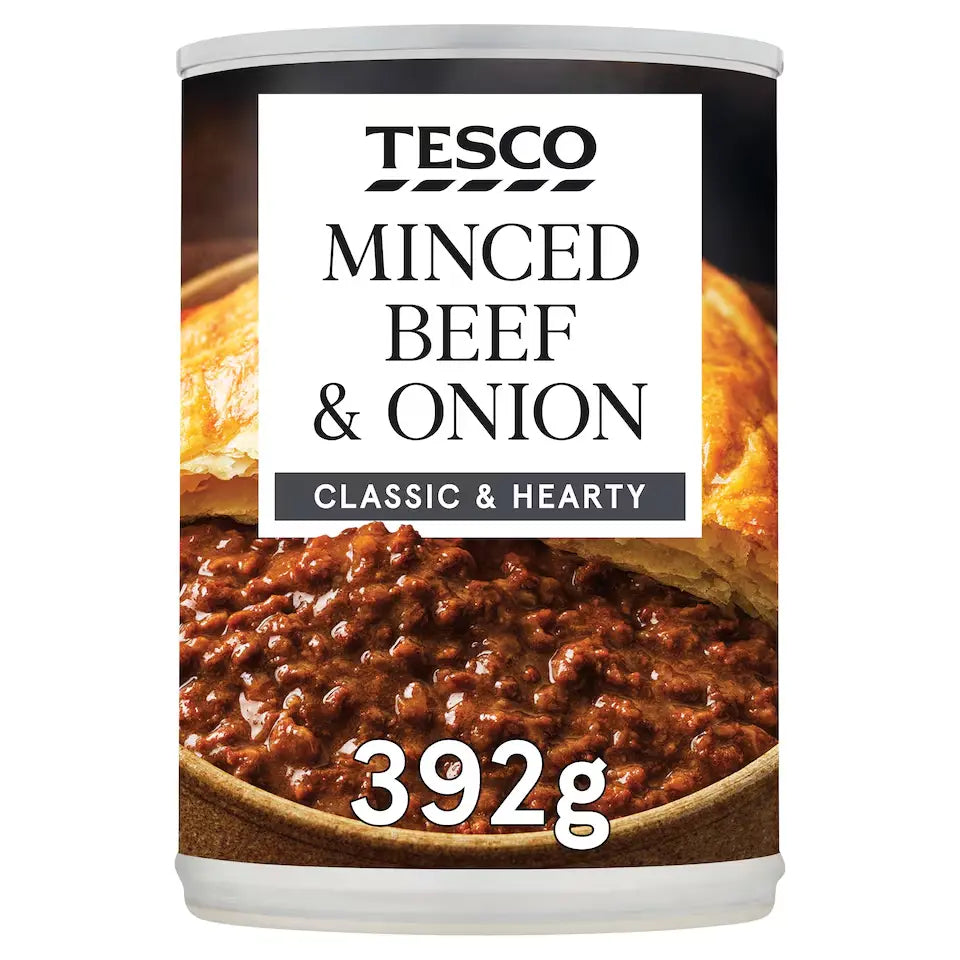 Can of Tesco Minced Beef & Onion with a white background