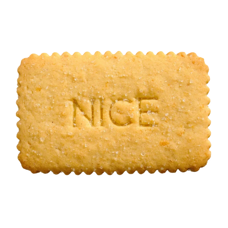 Rectangular cookie with 'NICE' embossed on a white background