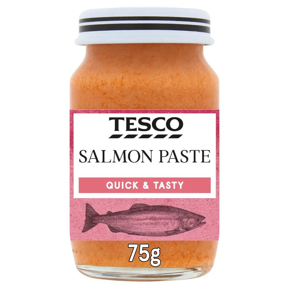 Jar of Tesco Salmon Paste with a white label on a white background
