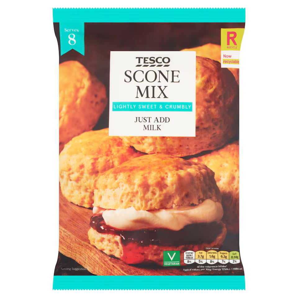 Tesco Scone Mix packaging with scones on a wooden board