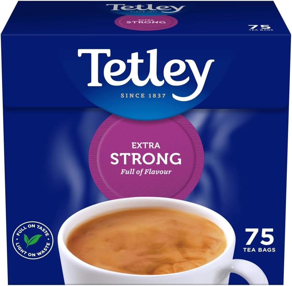 Tetley Extra Strong tea packaging with a cup of tea on a blue background