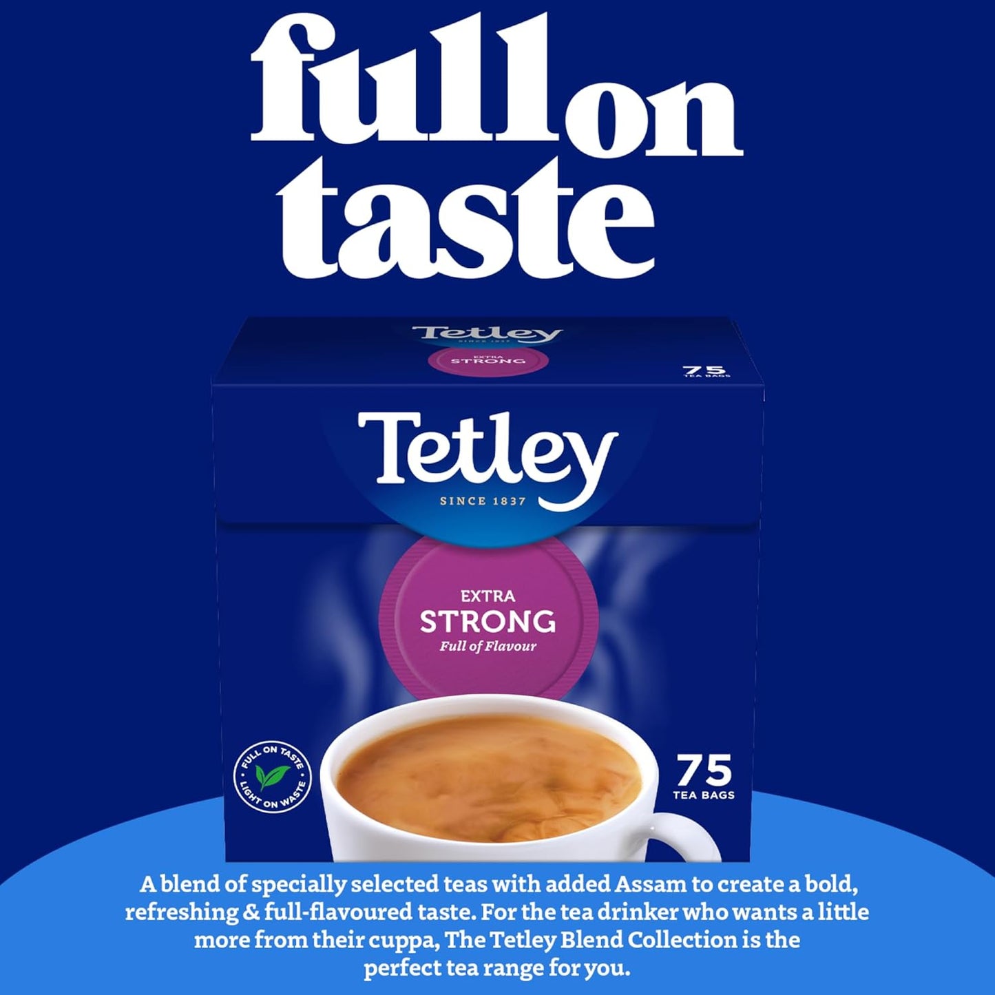 Tetley tea bags packaging with a cup of tea on a blue background