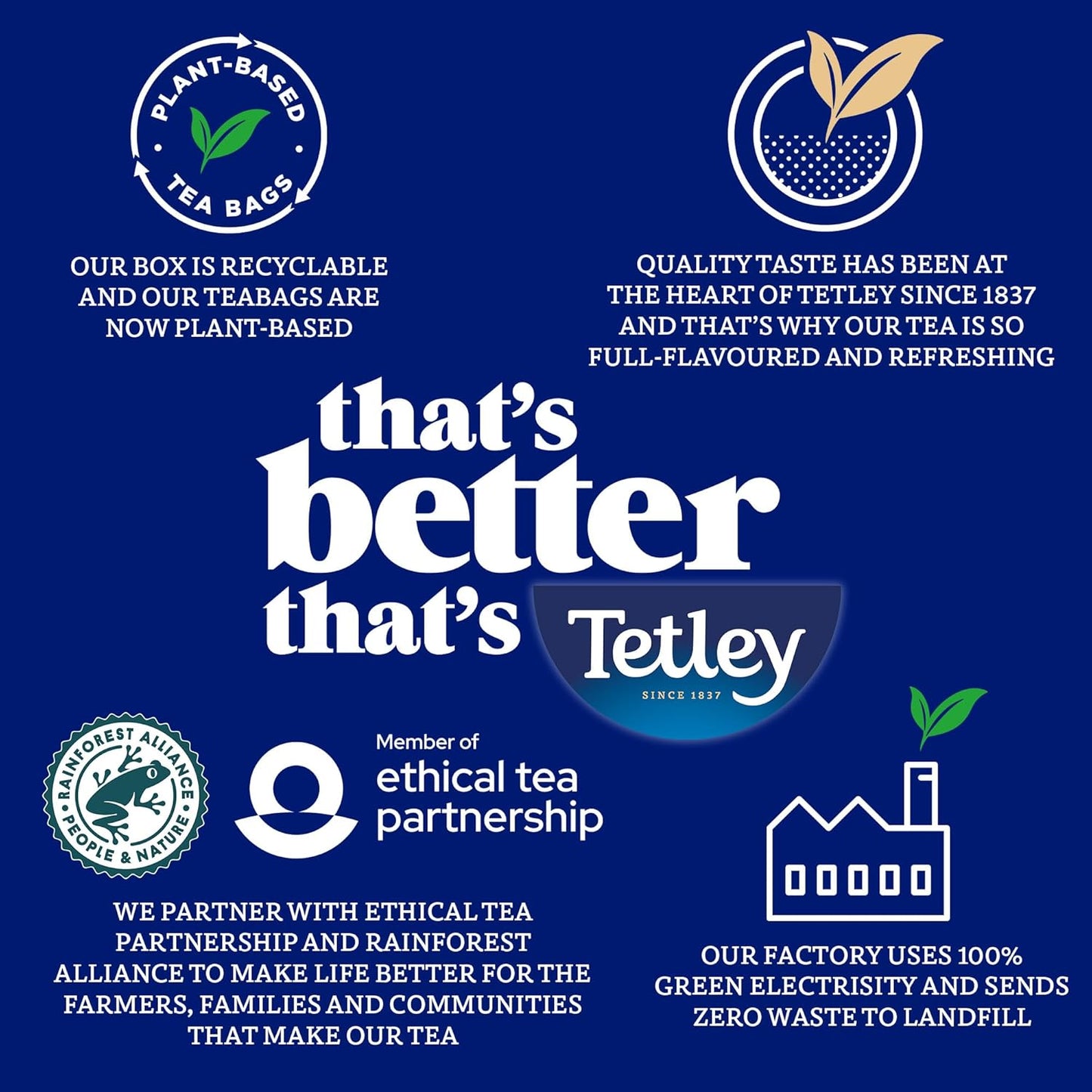 Tetley tea advertisement with branding and sustainability information on a blue background