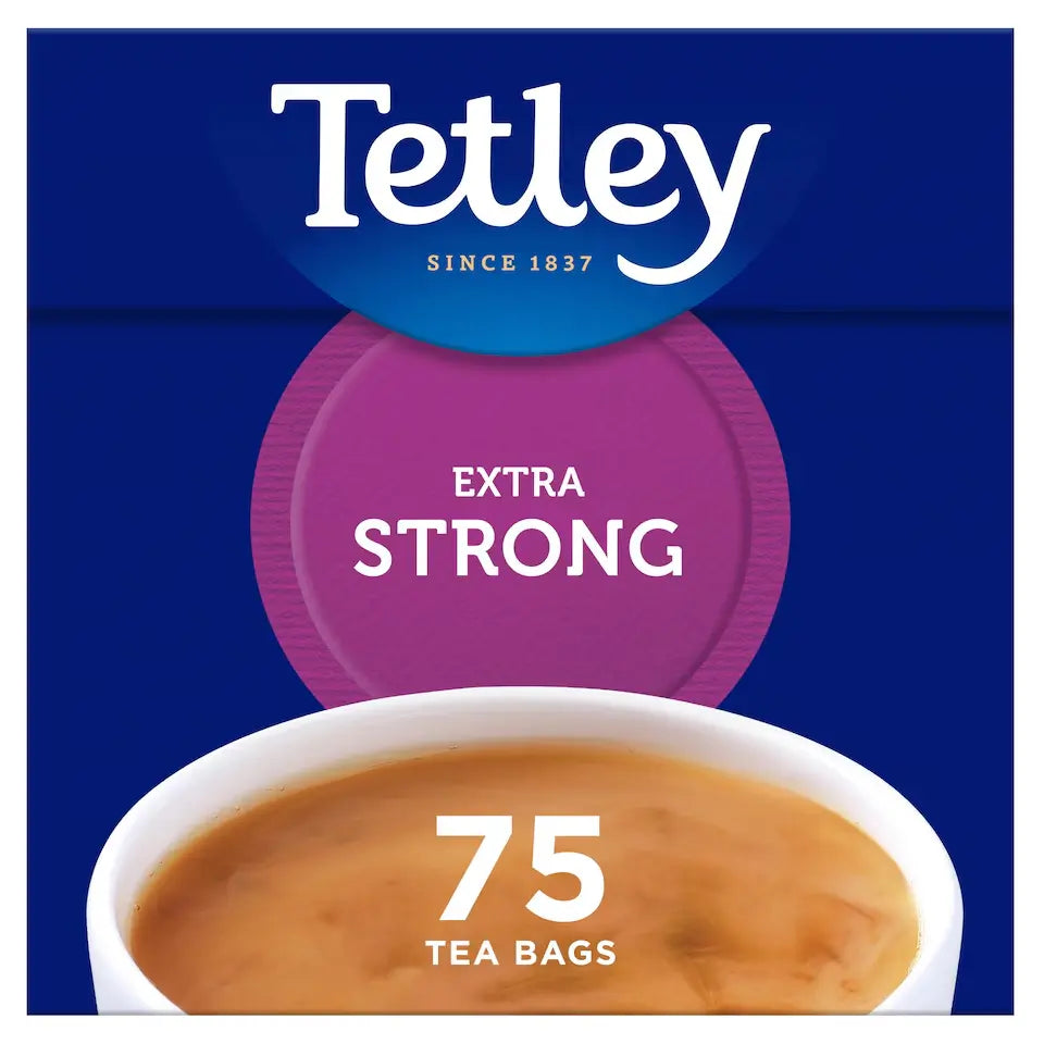 Tetley Extra Strong tea bags packaging with a cup of tea on a blue background