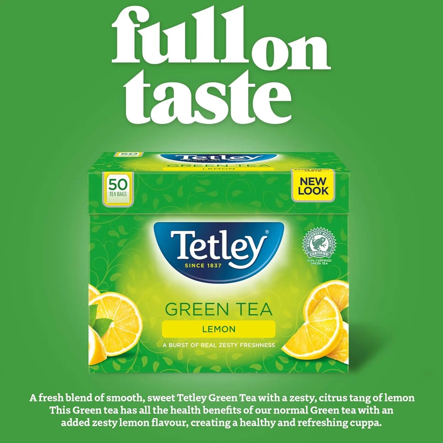 Tetley Green Tea Lemon packaging on a green background with text about taste and health benefits.