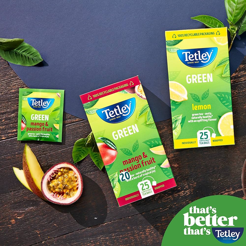 🍍 Tetley Green Tea Mango & Passionfruit 50 Bags – Fruity British Twist on a Classic