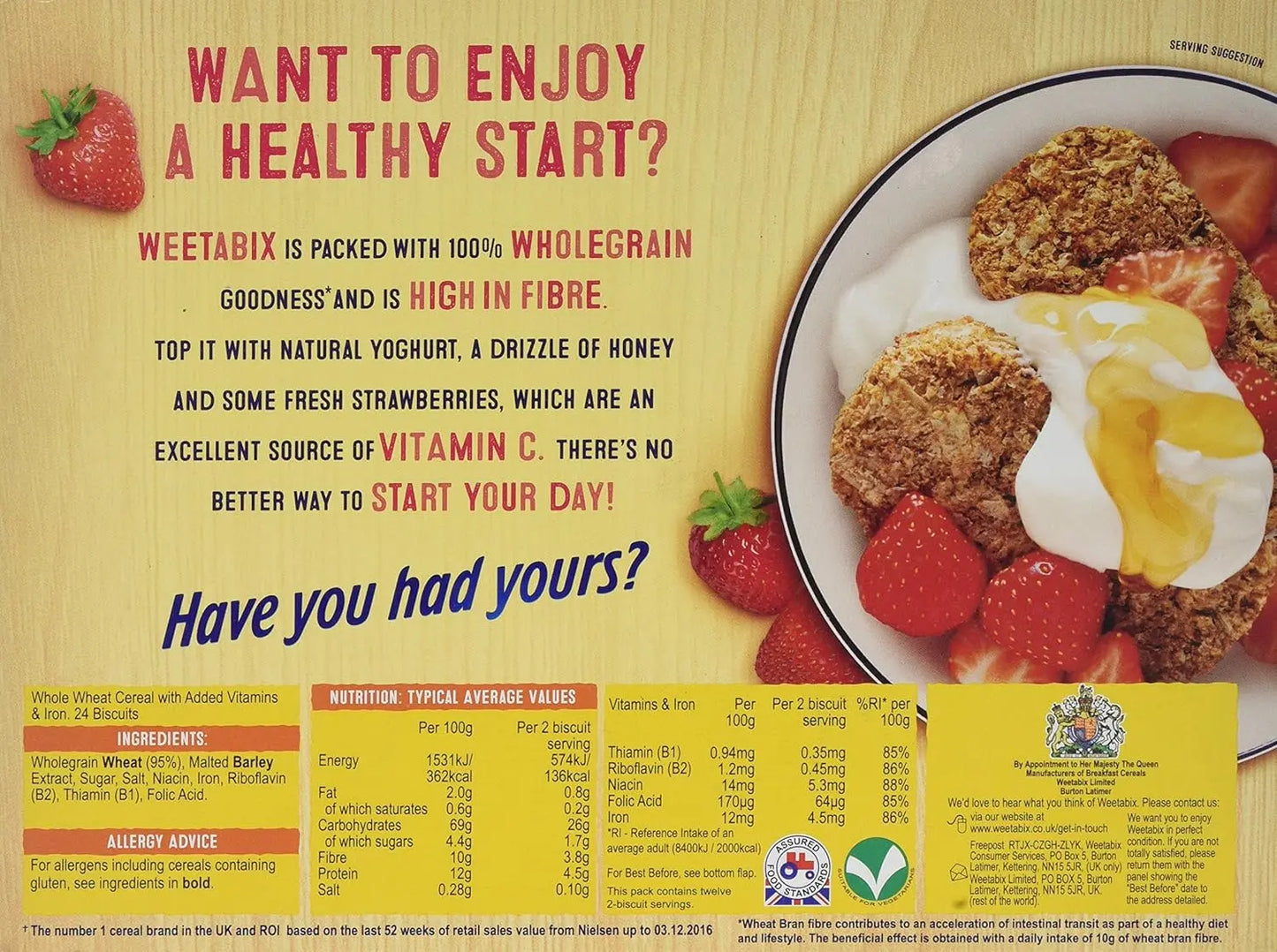 Weetabix breakfast cereal packaging with nutritional information and ingredients list.