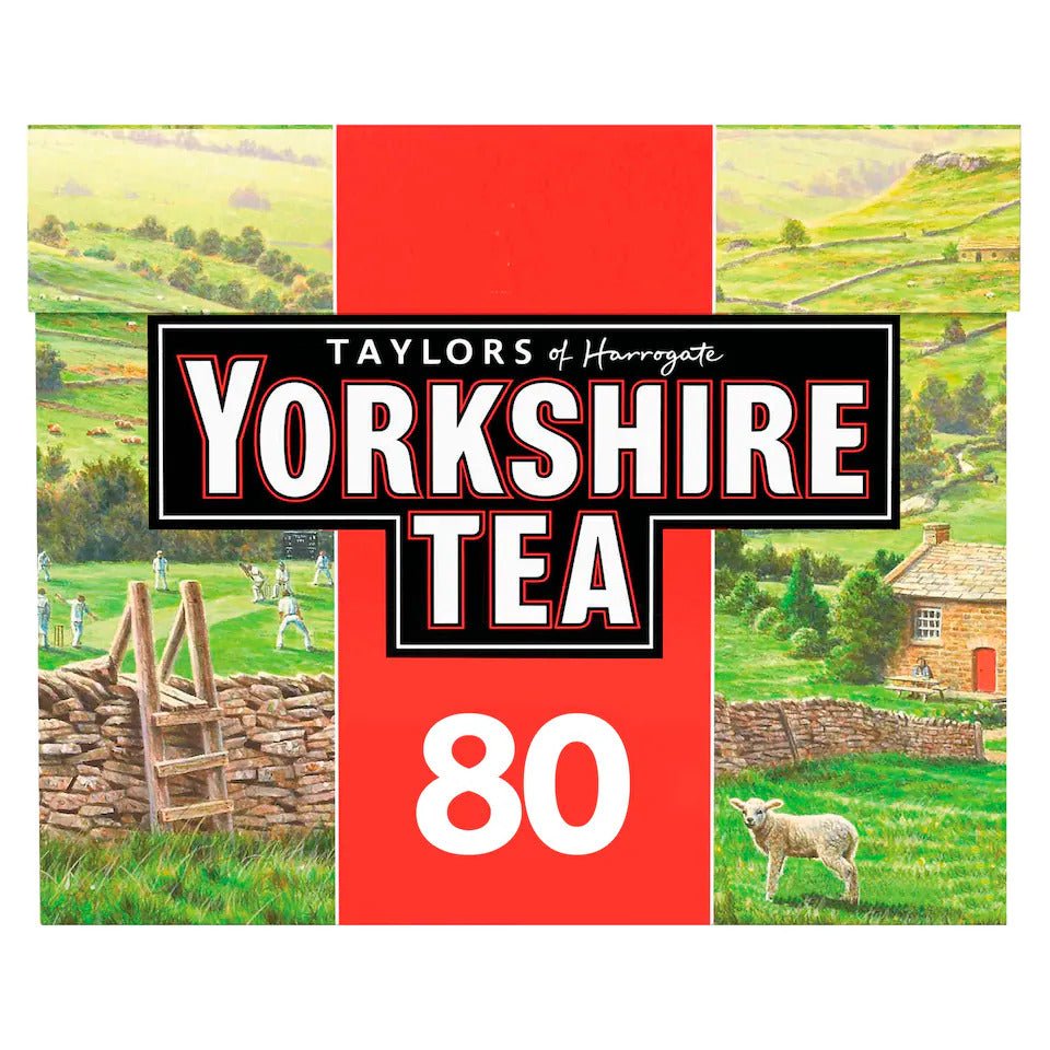Yorkshire Tea packaging with a scenic landscape and sheep on a white background