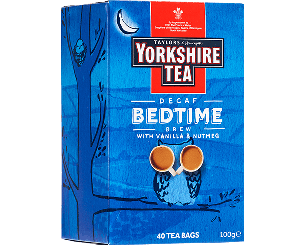 Yorkshire Tea Decaf Bedtime tea packaging with blue design and owl illustration.