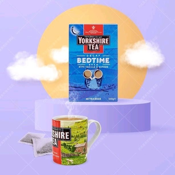 Yorkshire Tea Decaf Bedtime tea packaging with a mug on a colorful background