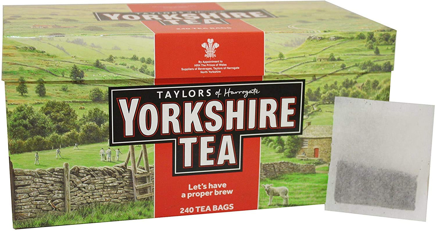 Box of Taylors of Harrogate Yorkshire Tea with a scenic design on the packaging.