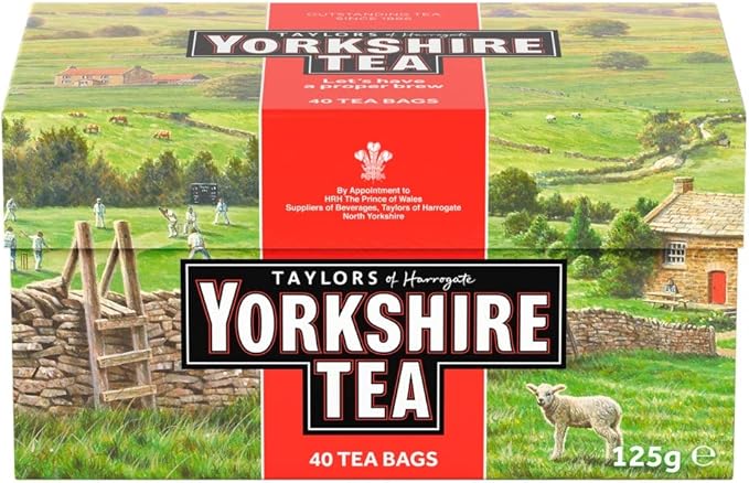 Box of Yorkshire Tea Bags, 40 count, with a view of a rural English landscape on the packaging.