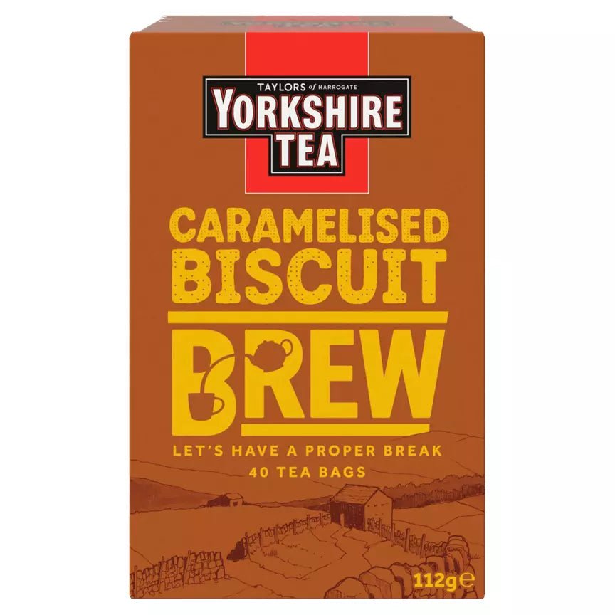 Yorkshire Tea Caramelised Biscuit Brew packaging on a white background