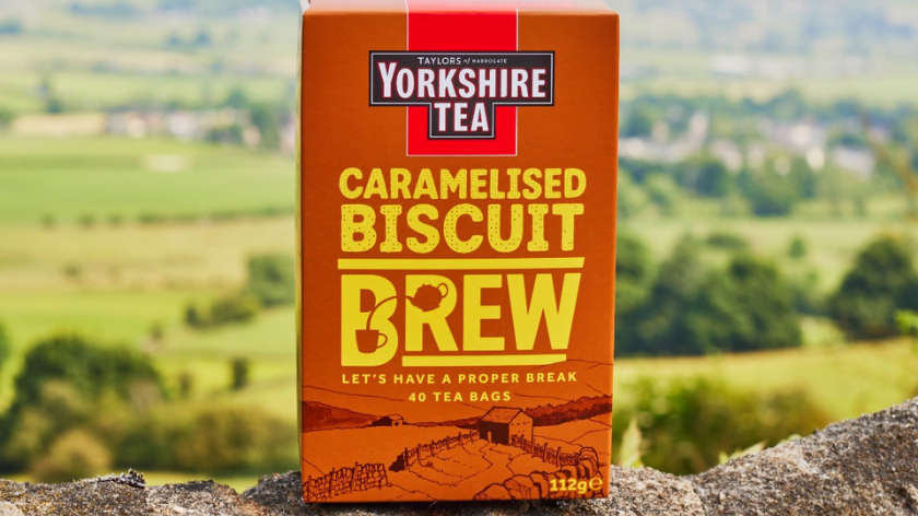 Yorkshire Tea Caramelised Biscuit Brew box with a scenic background