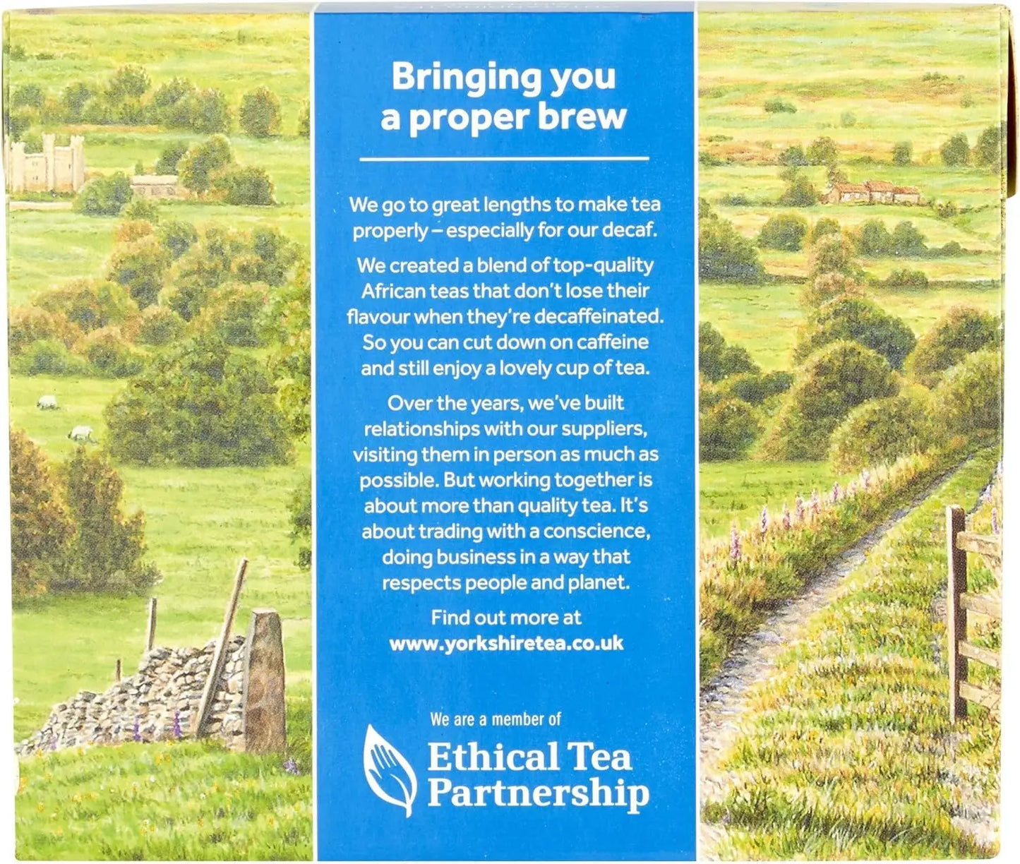 Tea packaging with a scenic landscape and text about ethical tea practices.