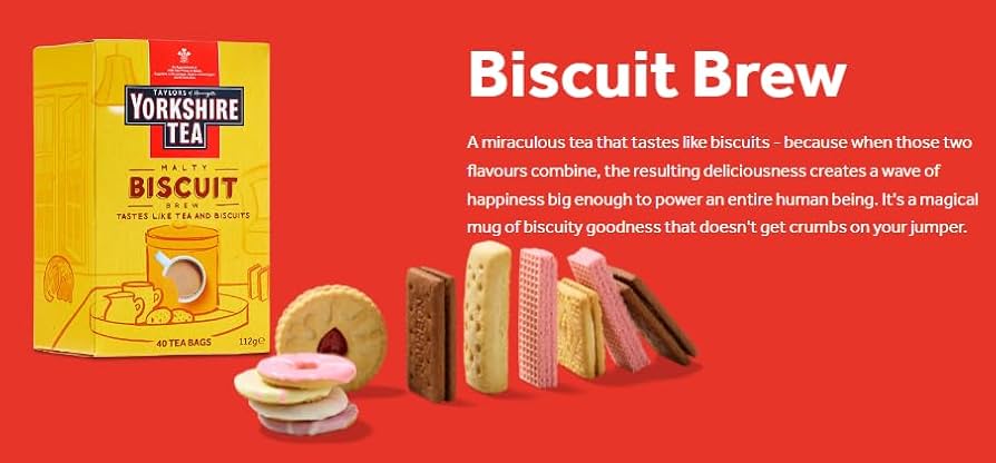 Tea package labeled 'Biscuit Brew' with biscuits on a red background