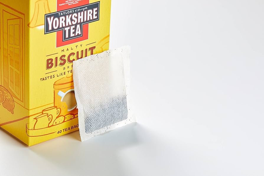 Yorkshire Tea Malty Biscuit tea bag and box on a white background