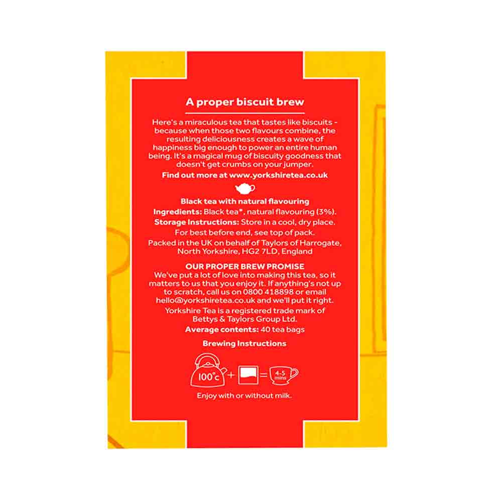 Red tea packaging with yellow border and text on a white background