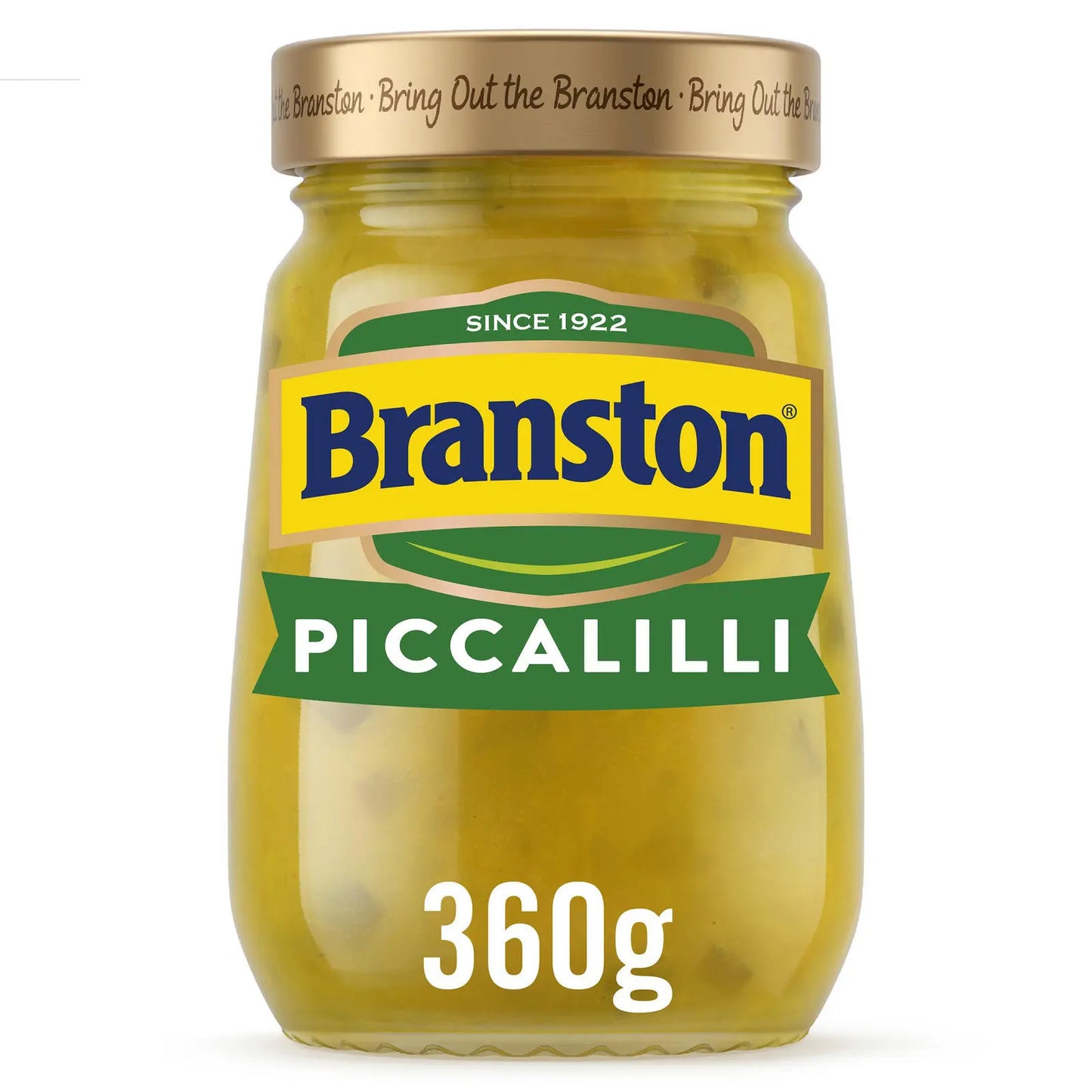 Jar of Branston Piccalilli with a gold lid on a white background