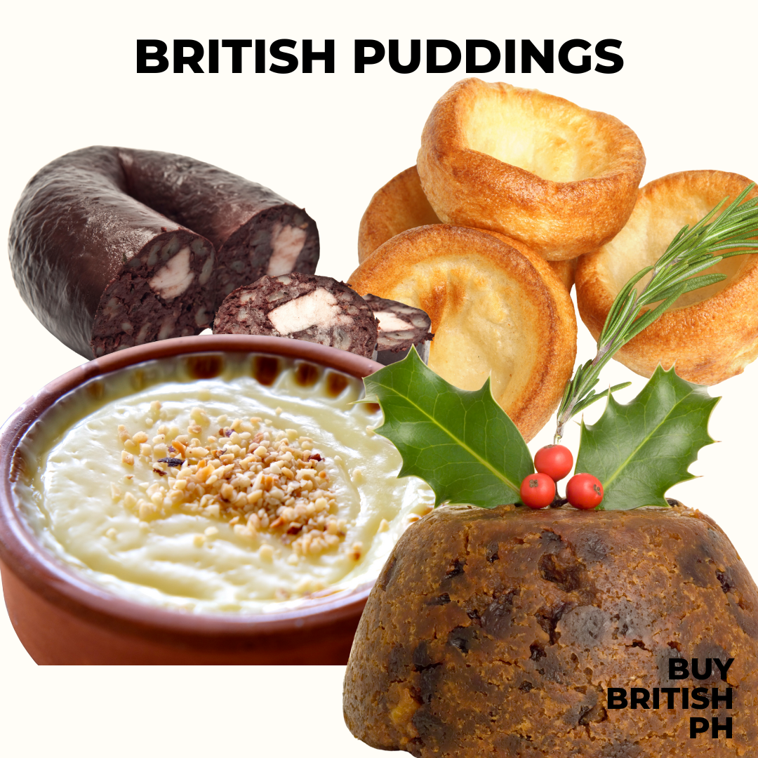 Black pudding, Yorkshire pudding, rice pudding, and Christmas pudding – classic British puddings available from Buy British PH.