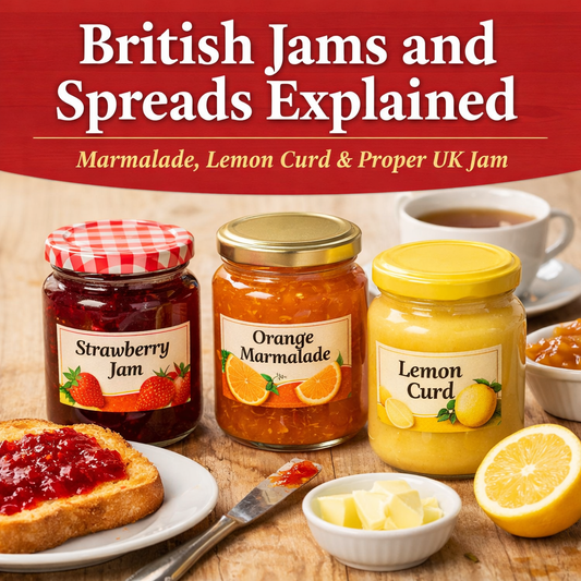 British jam, orange marmalade and lemon curd spreads on toast breakfast table
