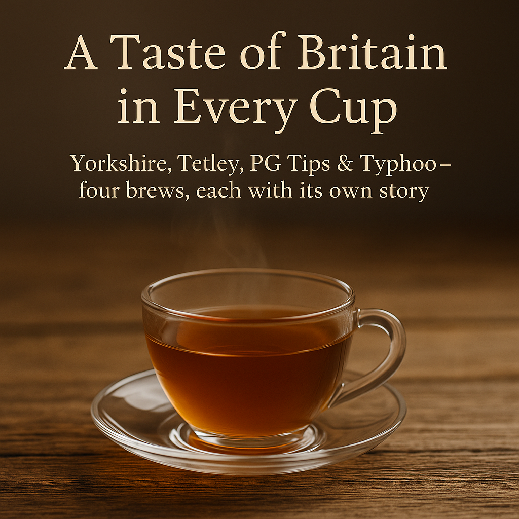 Steaming glass cup of tea on a wooden table with cream-coloured text reading ‘A Taste of Britain in Every Cup’ and a subheading listing Yorkshire, Tetley, PG Tips, and Typhoo.
