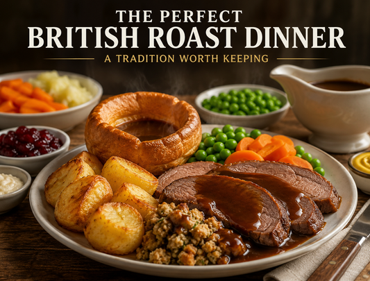 Traditional British roast dinner with roast beef, Yorkshire pudding, roast potatoes, stuffing, peas, carrots and rich gravy.