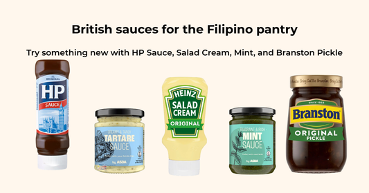 British sauces including HP Sauce, Heinz Salad Cream, mint sauce and Branston pickle for the Filipino pantry