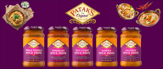 Patak’s curry spice paste jars including Tikka Masala, Vindaloo, Hot Curry, Korma, and Jalfrezi, displayed with the Patak’s Original logo on a purple background.