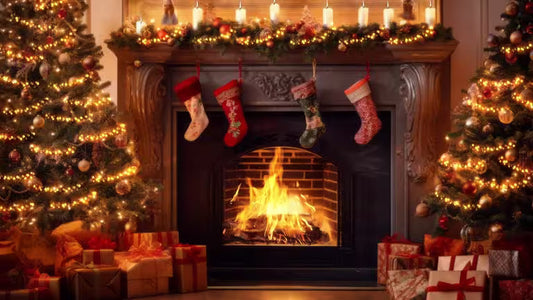 Traditional British Christmas living room with a decorated fireplace, stockings, lit candles, Christmas trees, and wrapped gifts arranged around a warm glowing fire.
