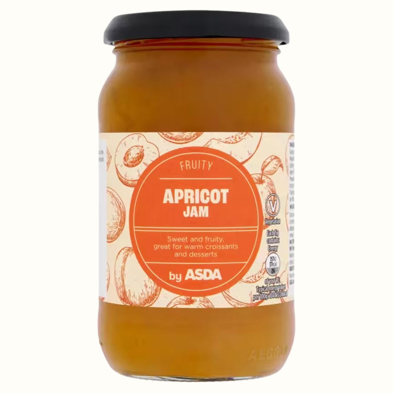 A glass jar of ASDA Fruity Apricot Jam with a black lid and a cream-colored label featuring orange illustrations of apricots and a large orange circular badge.