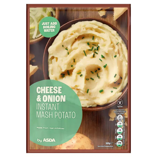 Box of Cheese & Onion Instant Mash Potato by ASDA with a bowl of mashed potatoes on a wooden background, now available from Buy British PH.