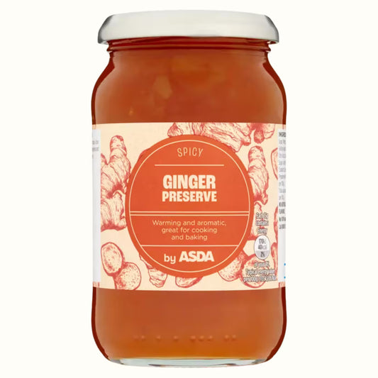 A glass jar of ASDA Spicy Ginger Preserve with a white lid and a peach and orange label, shown against a plain white background.