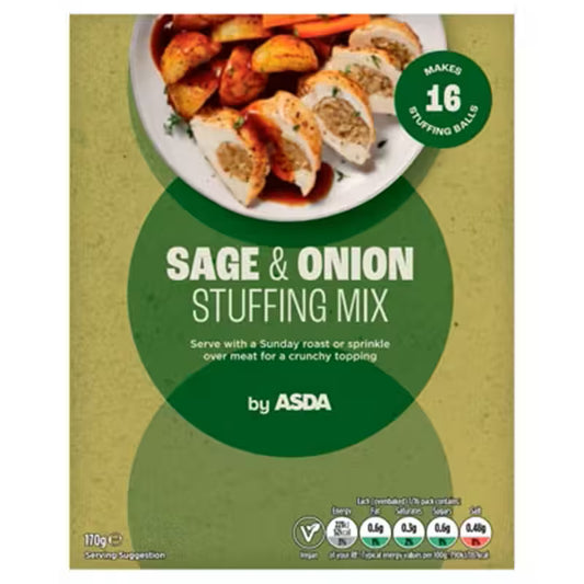 Package of Sage & Onion Stuffing Mix by ASDA with a visual of prepared dish.