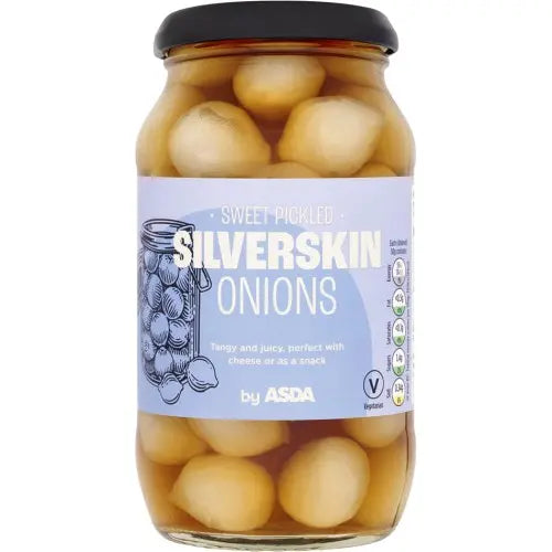 Jar of sweet pickled silverskin onions with ASDA label on a white background