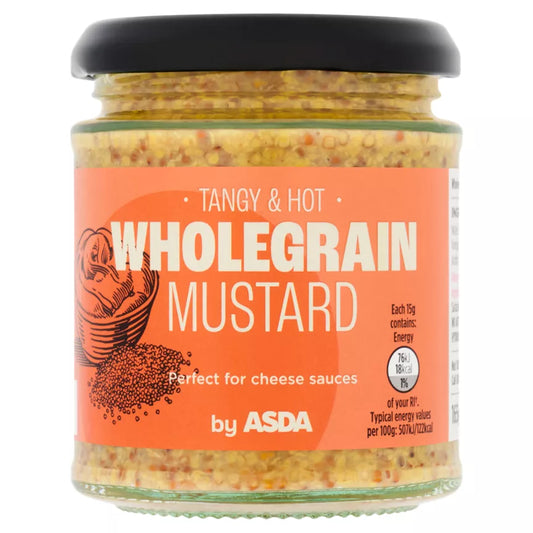 Jar of wholegrain mustard with ASDA branding on an orange label