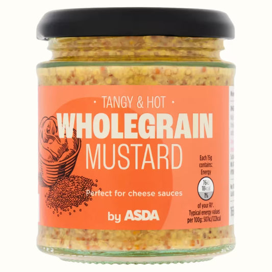 Jar of wholegrain mustard with ASDA branding on an orange label