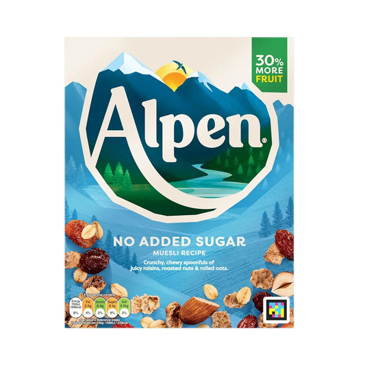 Alpen cereal box with mountain design and no added sugar label, now at Buy British PH.