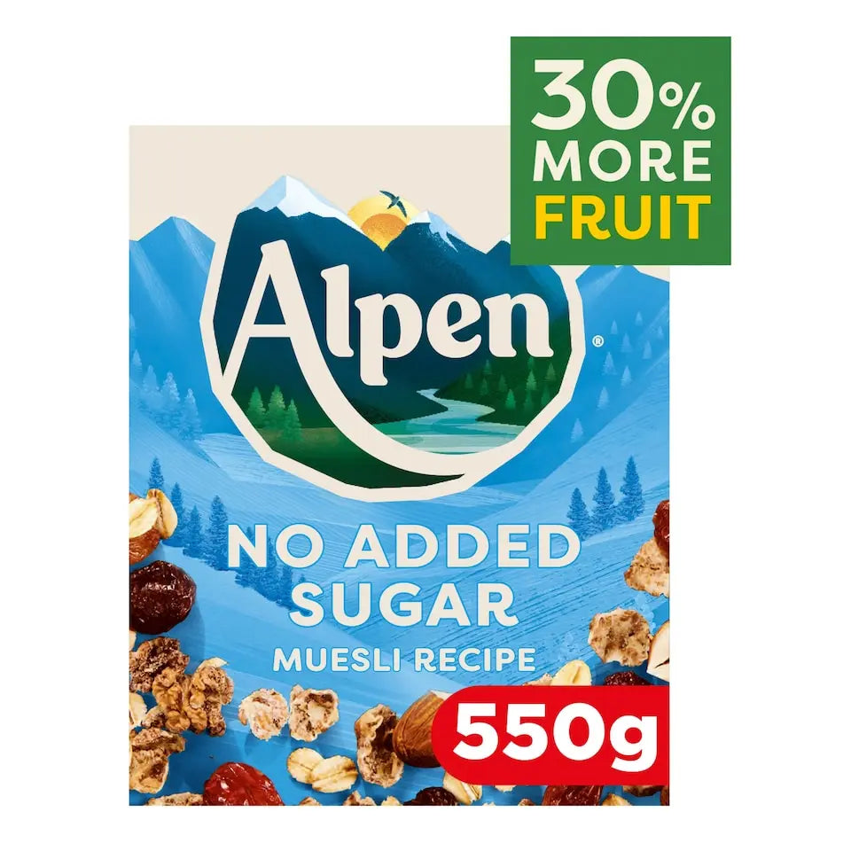 Alpen no added sugar muesli recipe packaging with mountain design and fruit content claim.