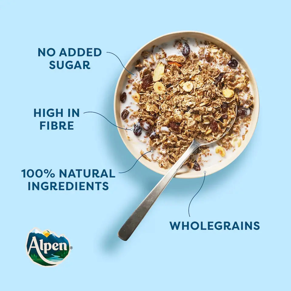 Bowl of cereal with milk, featuring text on health benefits and Alpen brand logo.