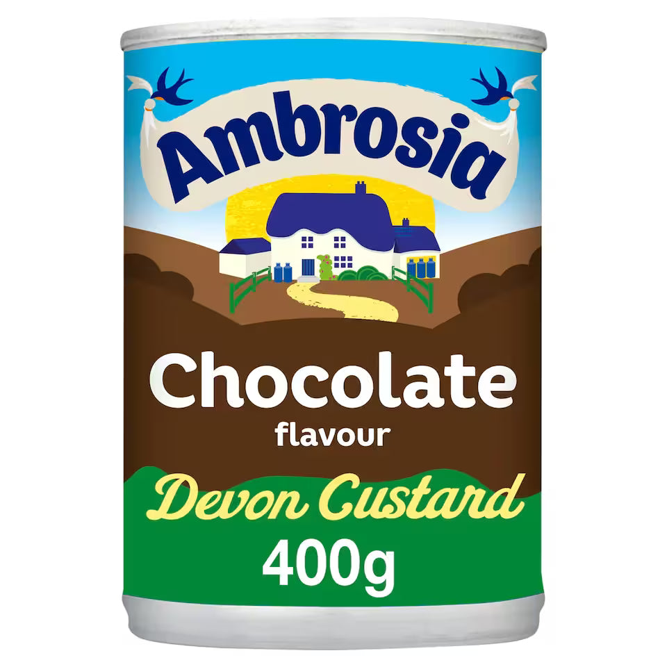 Can of Ambrosia Chocolate Devon Custard on a white background