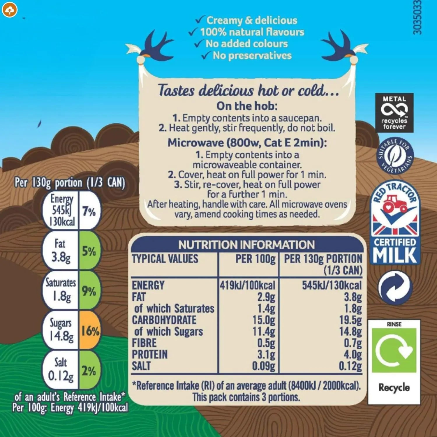 Product label with nutritional information, recycling symbols, and cooking instructions on a blue and brown background.
