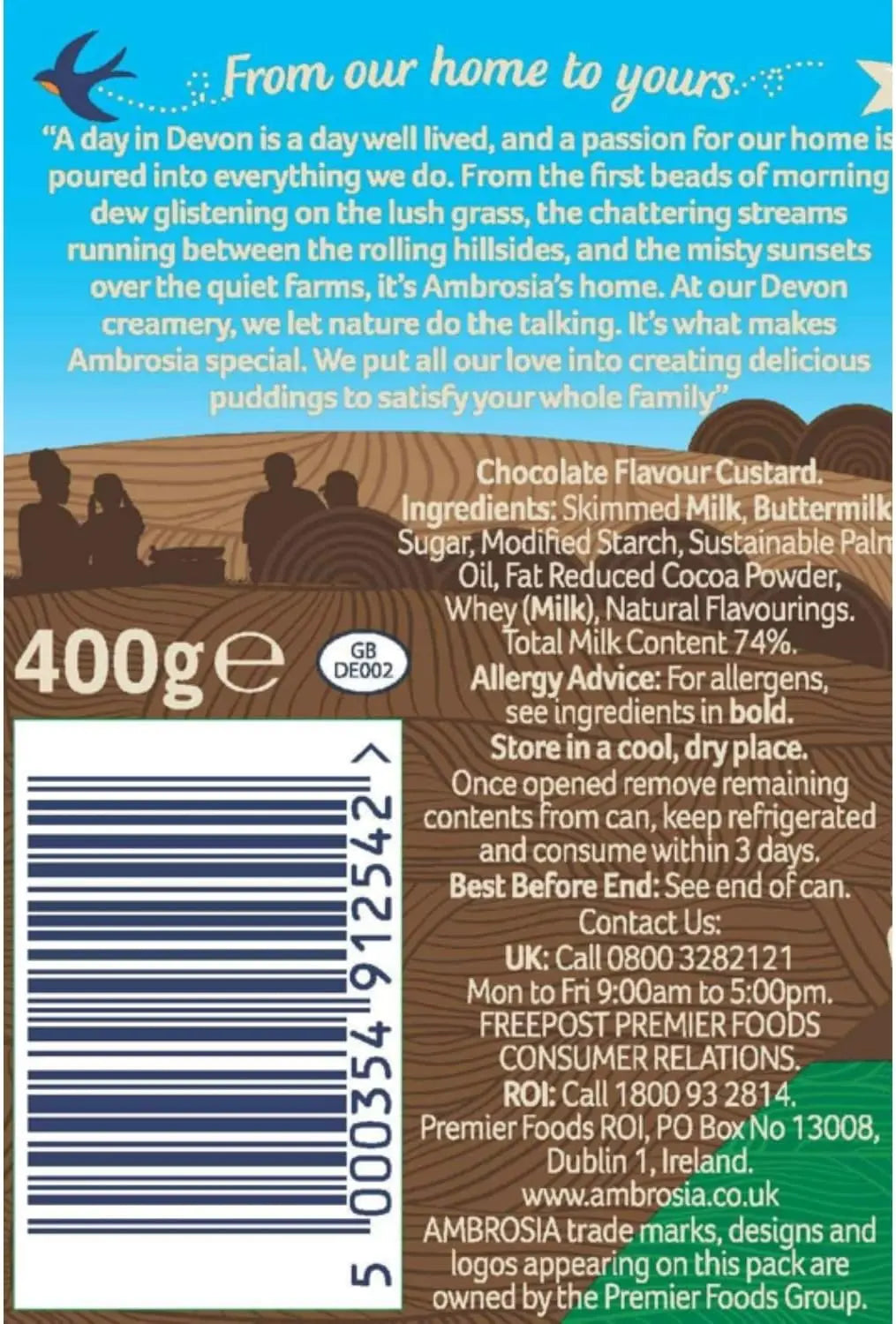 Back of a chocolate flavor custard container with branding and contact information.